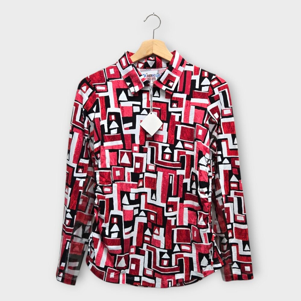 IBKUL Golf Women's Polo Shirt Geometric Abstract Print (Red/Black) - Small